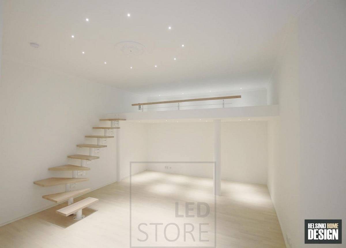 Die dekorative Platzierung der Led-Strahler beleuchtet den Schwarm oben, unten und in der Mitte des Raumes. Der Kreis in der Mitte des Raumes hebt auch die Position der Pendelleuchte hervor. Ledstore.fi