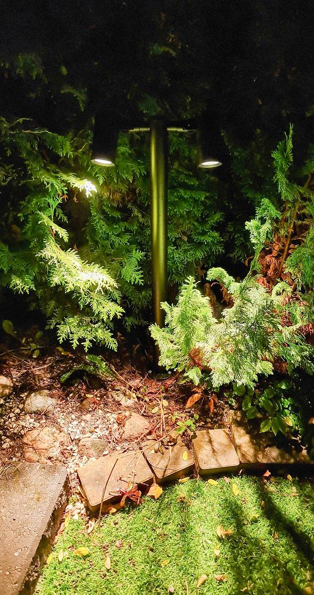 Säule TILT 2, installiert in einem Garten. Beleuchtet die Pflanzen im Blumenbeet in der Abenddämmerung.