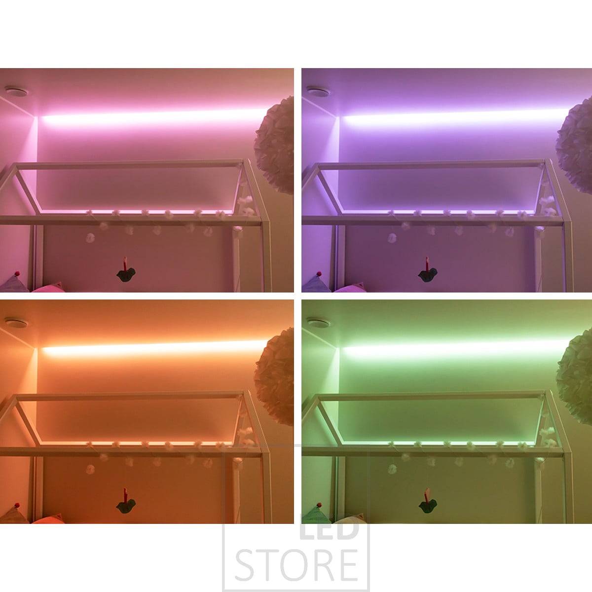 Anpassbare und vielseitige Stimmungsbeleuchtung mit RGB+W-LED-Streifen, stufenlos einstellbare Lichtfarben mit kabelgebundener oder drahtloser Steuerung. Ledstore.fi