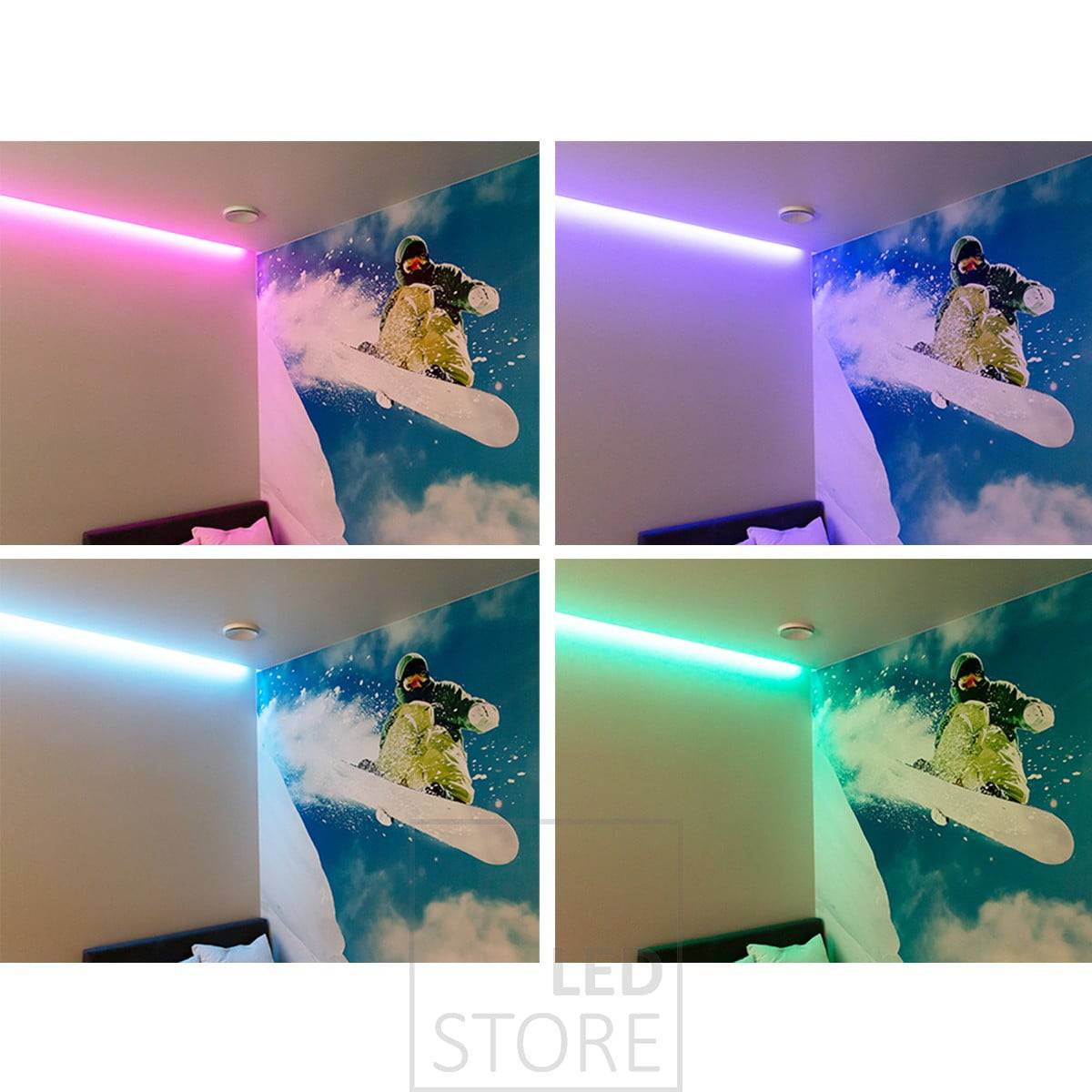 Anpassbare Stimmungsbeleuchtung mit RGB+W-LED-Streifen, die Lichtfarben können stufenlos mit kabelgebundener oder drahtloser Steuerung eingestellt werden. Ledstore.fi
