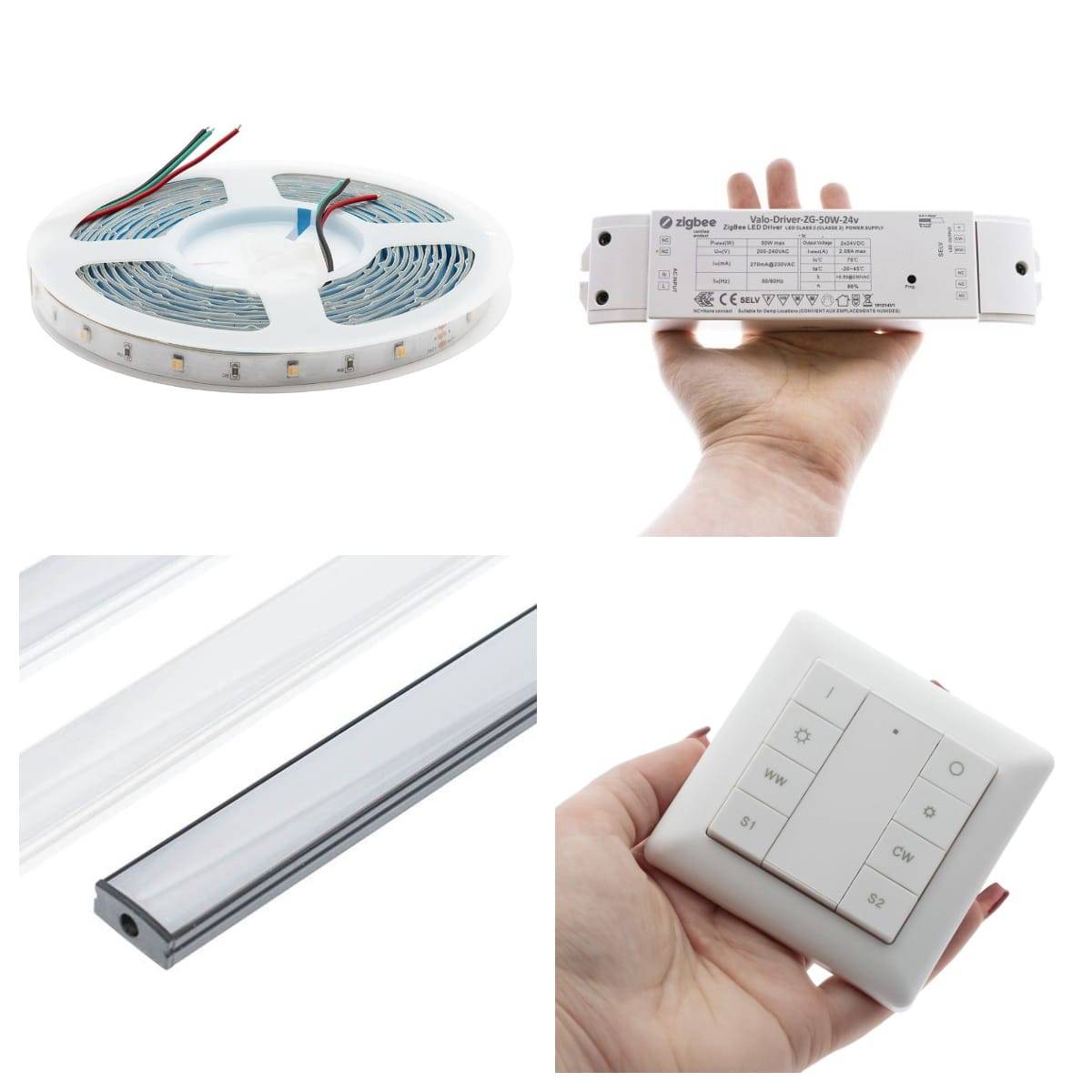 Led-Leuchten mit vier Bildern: kabellose Led-Leiste, schwarzes, kunststoffummanteltes Aluminiumprofil, Transformator und kabelloses Steuergerät