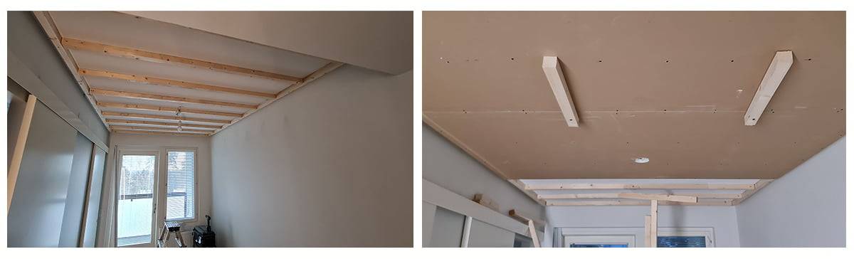 Deckentischlerei und Verkleidung im Schlafzimmer. Mit der Hilfe von