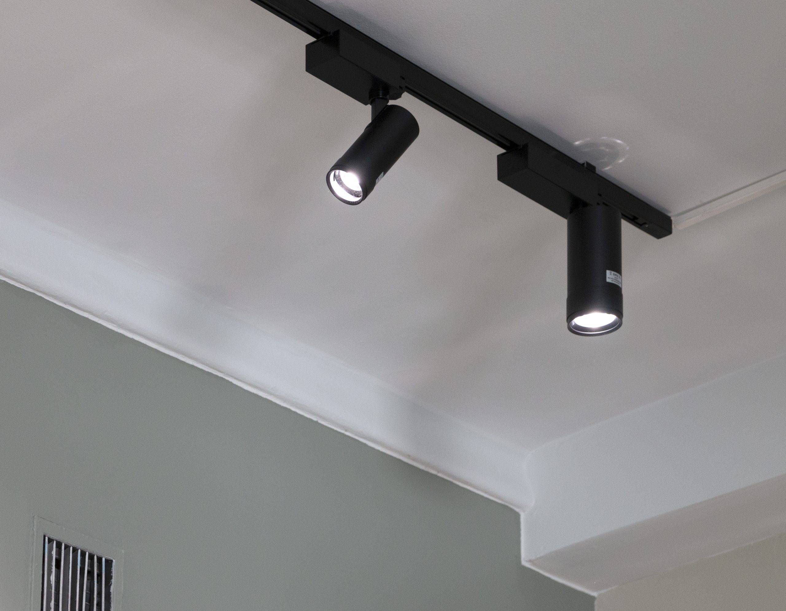 Zwei schwarze Schienenpunkte in einer hellen Decke.