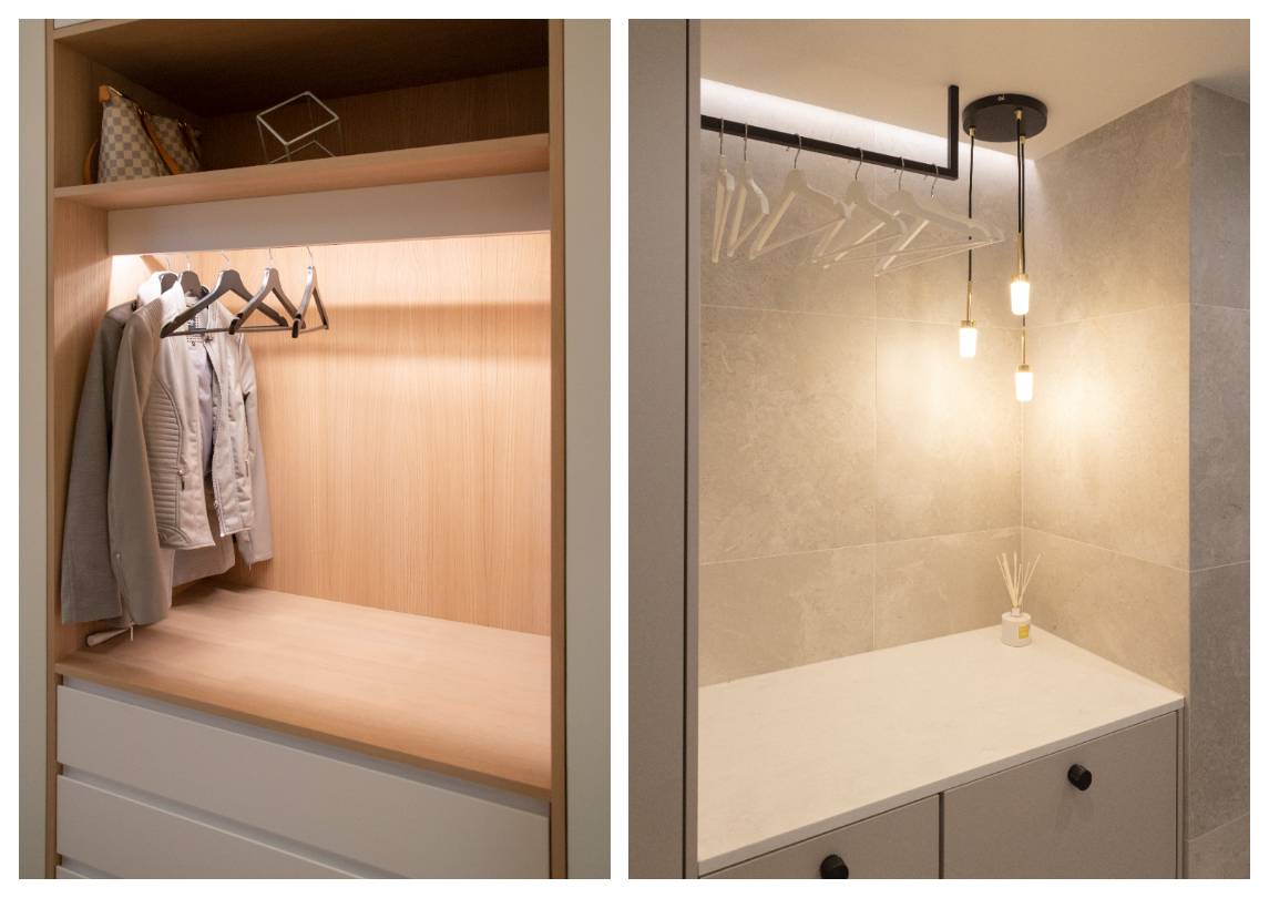 Auf dem Bild links: LED-Beleuchtungsstreifen in einem offenen Kleiderschrank, aufgehängt an Kleiderbügeln. Auf dem rechten Bild, hinter der Kleiderstange an der Schnittstelle zwischen Decke und Wand, beleuchtet eine indirekte LED-Beleuchtung einen offenen Kleiderschrank.   