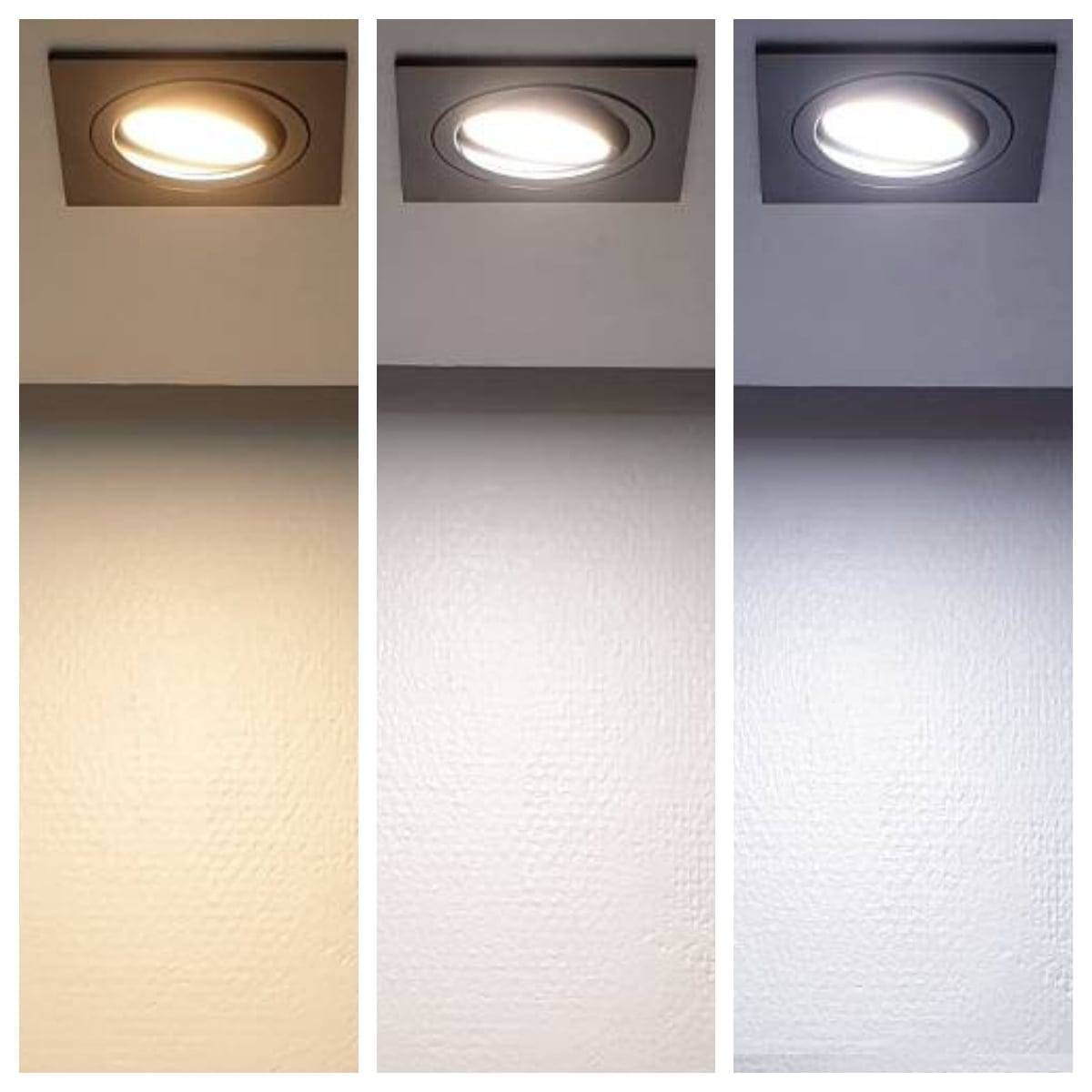 Das Bild zeigt drei LED-Deckeneinbauleuchten: warmes Weiß, neutrales Weiß und kühles Weiß, die die Wand in verschiedenen Farbtönen beleuchten.