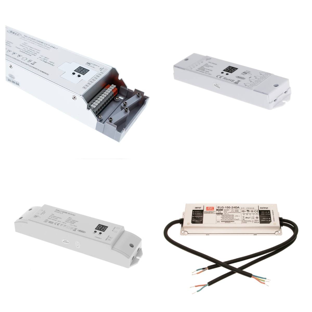 DALI2-Transformatoren, geeignet für die Programmierung von entweder monochromen dimmbaren Leuchten, in der Farbtemperatur einstellbaren Spots, Streifen und Panels oder farblich einstellbaren RGB-LED-Streifen in free@home, je nach Typ.
