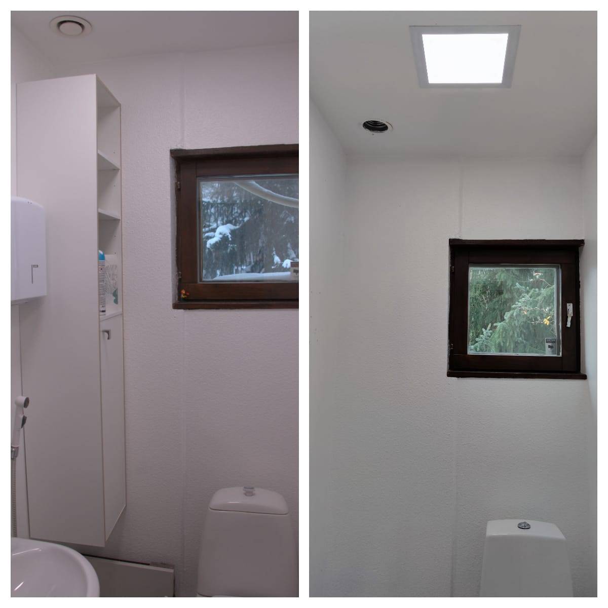 Vor der Renovierung war die Toilette etwas trist und wurde von einem einzigen LED-Panel beleuchtet.