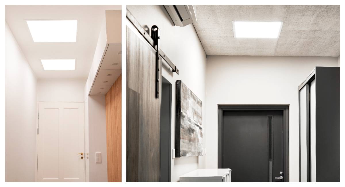 PANEL 600 an der Decke in zwei Fluren installiert. Beide mit ausgezeichneter Lichtleistung. 
