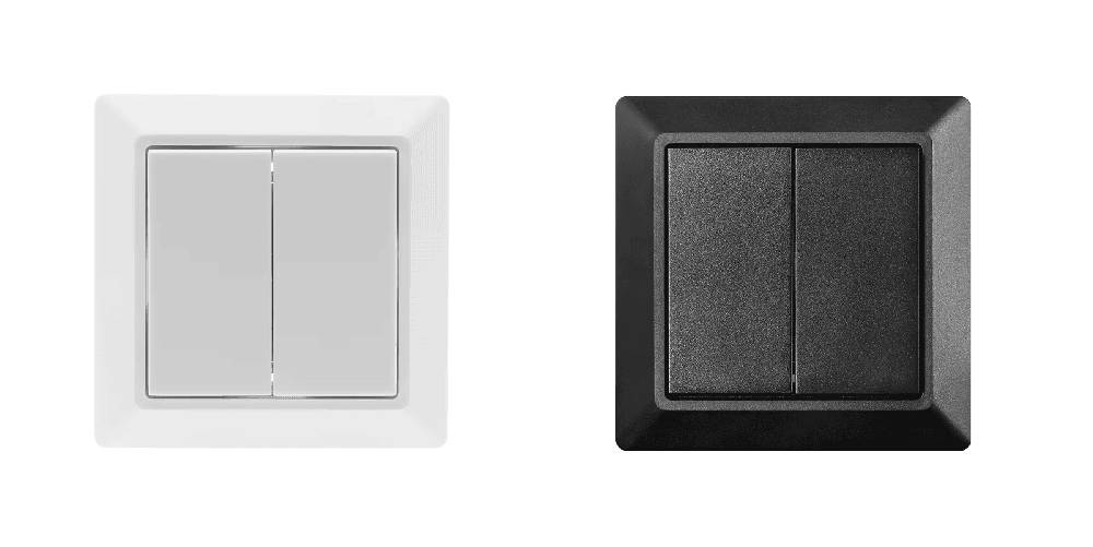 Weißer und schwarzer Zwei-Tasten-Zigbee Friends of Hue Lichtschalter. Geeignet für EXXACT-Rahmen. 