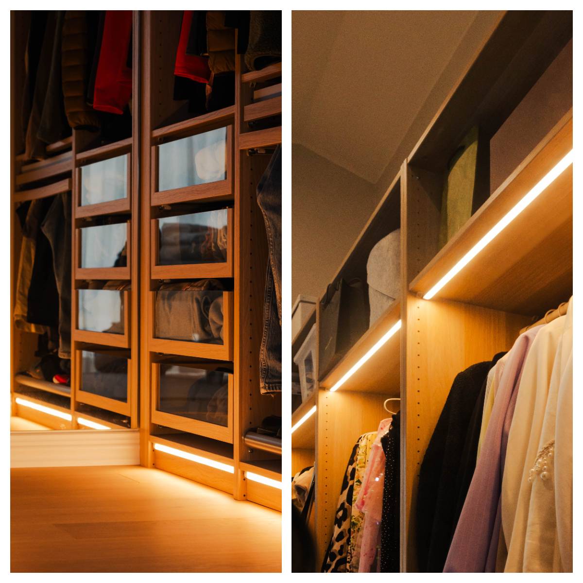 Tipps für die Beleuchtung von Kleiderschränken. Warme LED-Leuchtbänder schaffen eine gemütliche Atmosphäre auf den Regalen eines holzgetönten Kleiderschranks. copyright LedStore.fi  