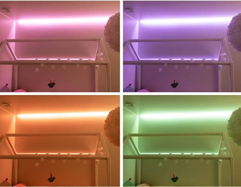 In einem Einfamilienhaus in Kaitamäki, Espoo, wird der Bettrahmen mit einer Beleuchtungslösung aus LED-Streifen von LedStore.fi beleuchtet, die stimmungsvolle Schattierungen von Rosa, Violett, Orange und Grün erzeugt.