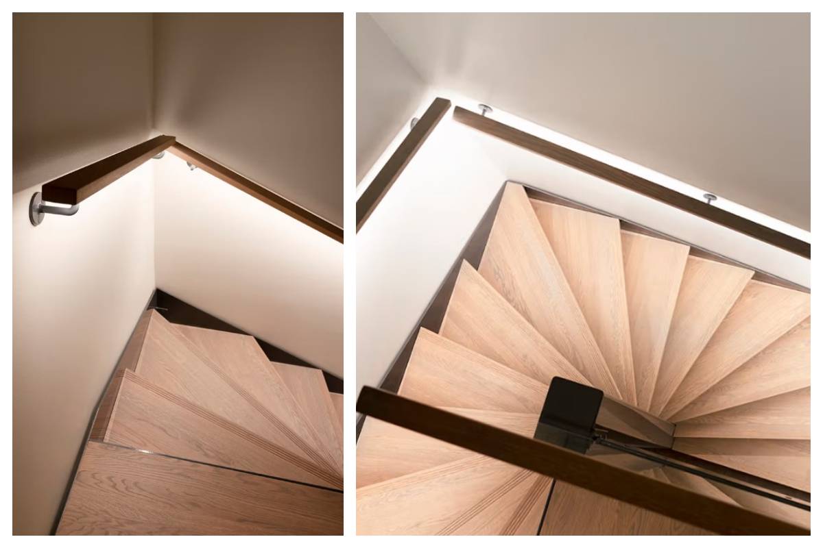 Eine Holztreppe mit Metallgeländer, von oben und von der Seite betrachtet - ein modernes Beleuchtungskonzept von LedStore.fi hebt dieses elegante Detail im Haus der Familie Kaitamäki in Espoo hervor.