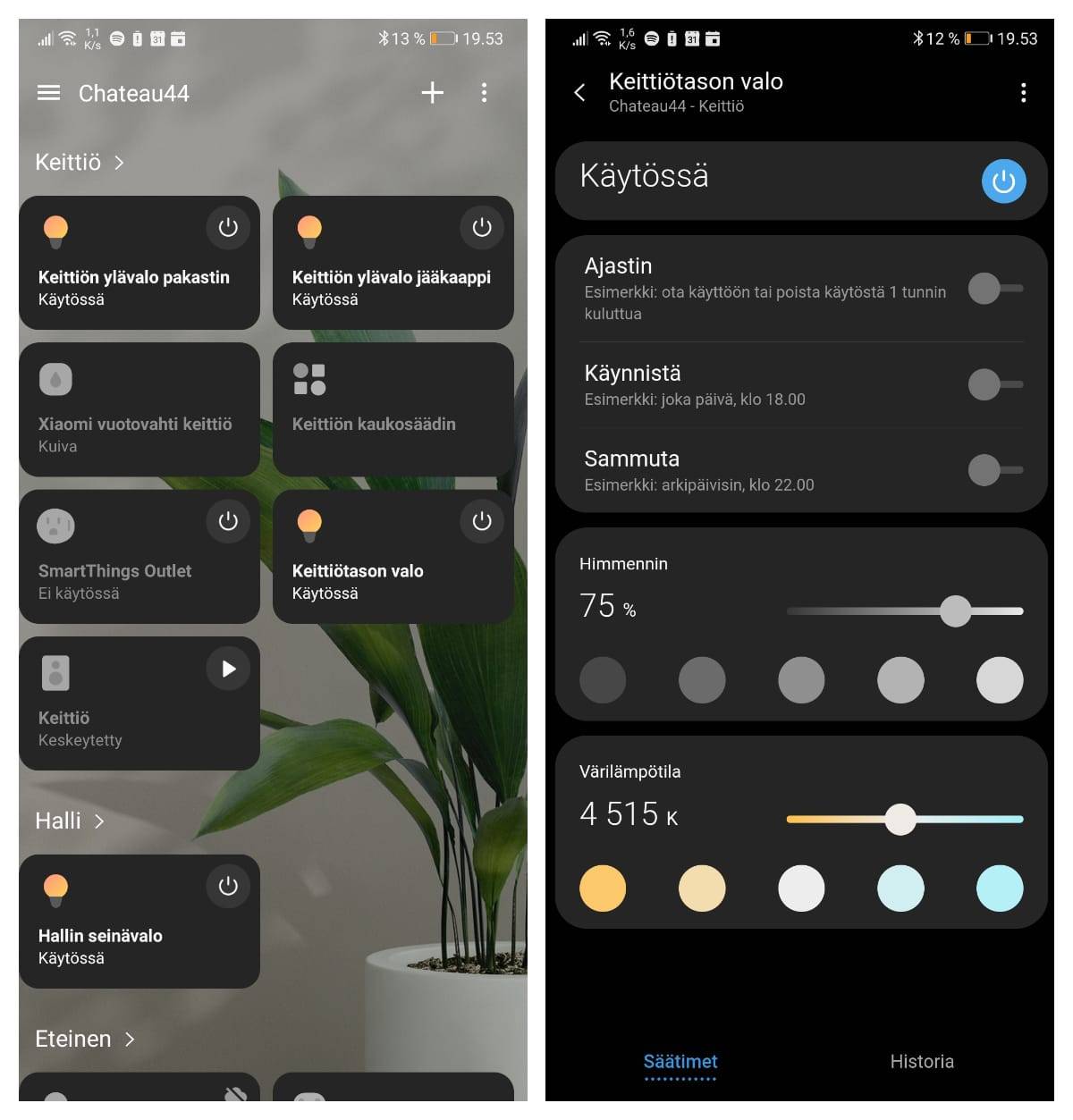 Ein Beispiel für die Samsung Smart Things-Beleuchtungsschnittstelle. Links die Zigbee-Geräte in der Küche in einer Ansicht und rechts die Schnittstellen für die Steuerung und Zeitmessung des Küchenlichts.