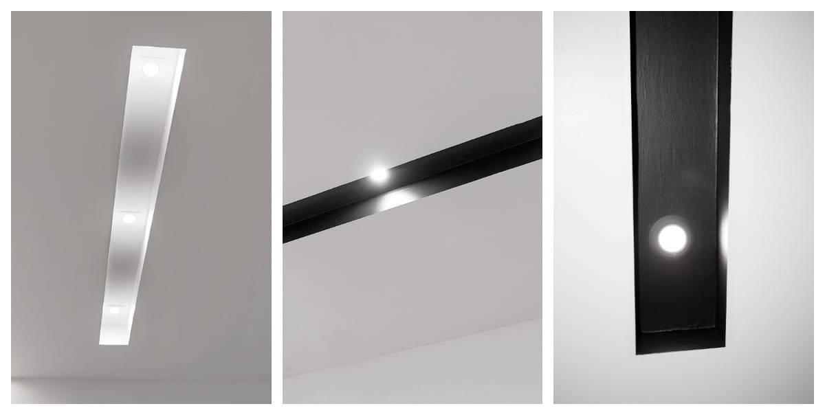 Abbildung 1: In die Decke eingelassene weiße LED-Leuchtstreifen. Abbildung 2: Schwarzer LED-Streifen mit zwei runden Lichtern. Abbildung 3: Nahaufnahme eines schwarzen LED-Streifens mit einer runden Leuchte.