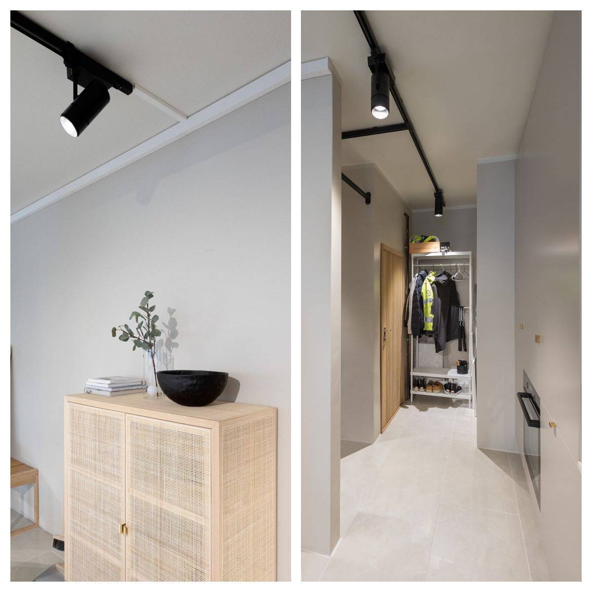 Zwei Aufnahmen: links helle Flächen und ein helles, niedriges Regal, mit einer schwarzen Drehstromschiene und einem schwarzen Scheinwerfer FOCUS an der Decke. Rechts ein Flur mit hellen Flächen und einem Kleiderständer mit Kleidung am Ende des Flurs. An der Decke verläuft eine schwarze Drehstromschiene mit Strahlern.