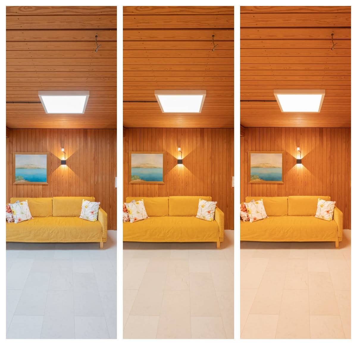 Drei Bilder eines gemütlichen Zimmers mit Holzwänden und -decke. Der Raum ist mit einem gelben Sofa mit Blumenkissen und einem Landschaftsgemälde ausgestattet. Auf jedem Bild ist der Raum mit LED-Lichtern beleuchtet, die eine Vielzahl von Lichteffekten zeigen.