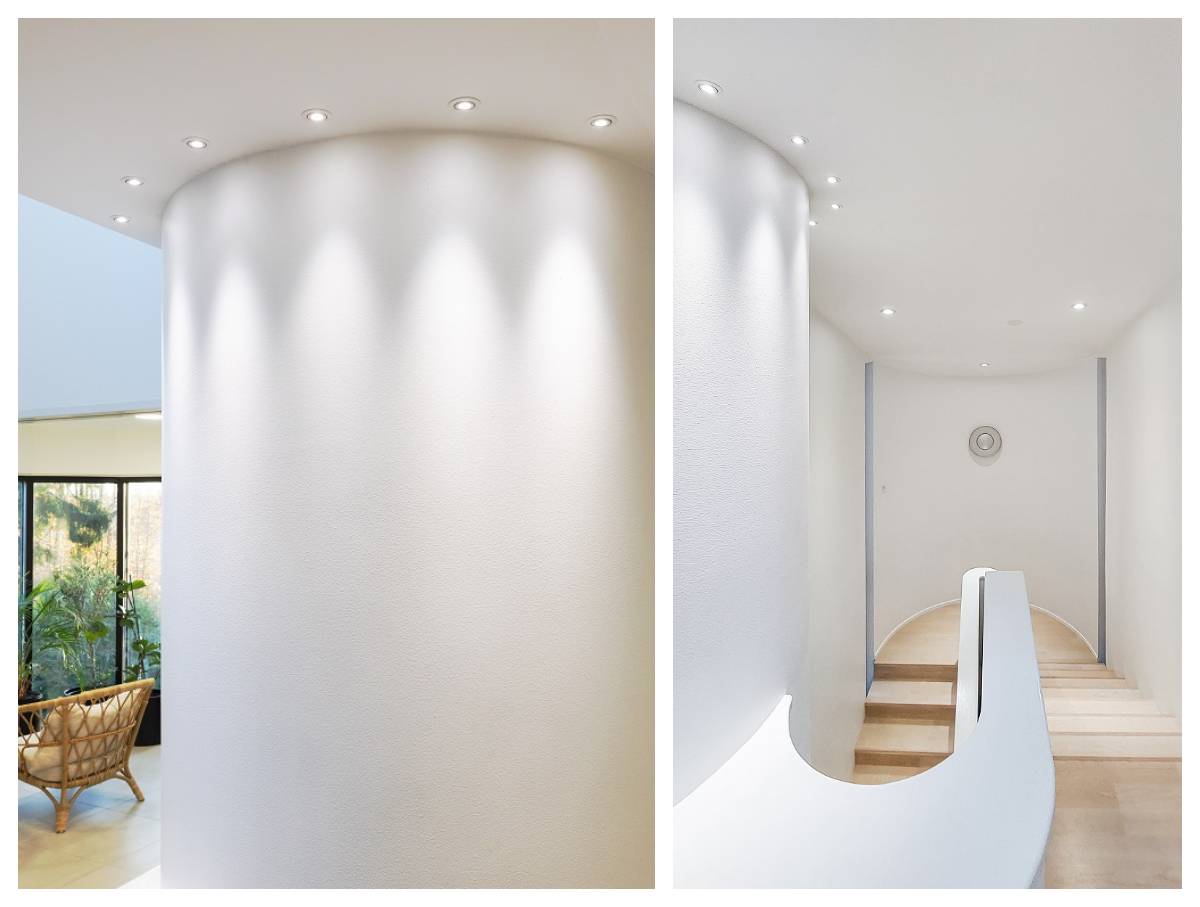 Die Innenbeleuchtung mit LED-Leuchten wird hier durch die Akzentuierung der geschwungenen Säulenformen mit kleinen 3-Watt-Spots erreicht, die von oben nach unten leuchten.
