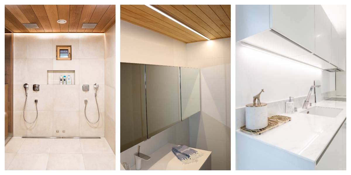 Drei moderne Badezimmer: Das Einbaubad verfügt über eine einfache Dusche mit zwei Duschköpfen und LED-Einbauleuchten; das Bad mit Bad ist mit einem Spiegel und einem minimalistischen Waschbecken ausgestattet; das dritte verfügt über eine stilvolle Ebene mit Toilettenartikeln und einer Giraffenskulptur. Die gesamte Beleuchtung wurde mit LED-Lösungen von LedStore.fi realisiert.