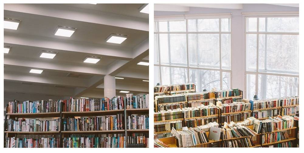 Led-Beleuchtung im Beleuchtungsdesign und natürliches Licht in der Bibliothek