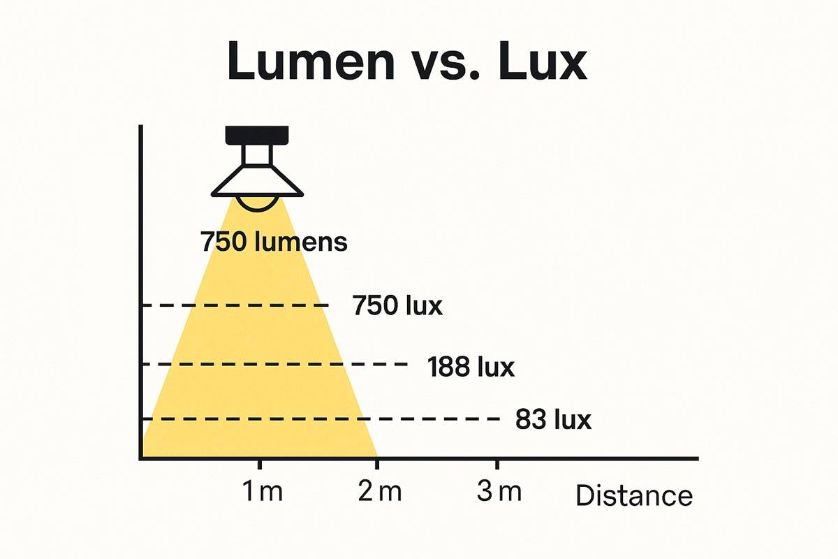 Diagramm zur Veranschaulichung der Unterschiede in Lumen und Lumenausbeute bei verschiedenen Entfernungen von einer 750-Lumen-LED-Leuchte - ein praktischer Beleuchtungsleitfaden.