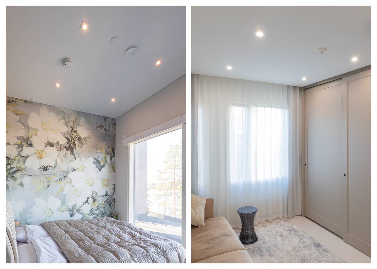 Led-Spots im Schlafzimmer sind eine funktionelle Lösung. Hier sehen Sie vier symmetrisch an der Decke angebrachte flache Spots mit Farbtemperatursteuerung und Dimmfunktion.