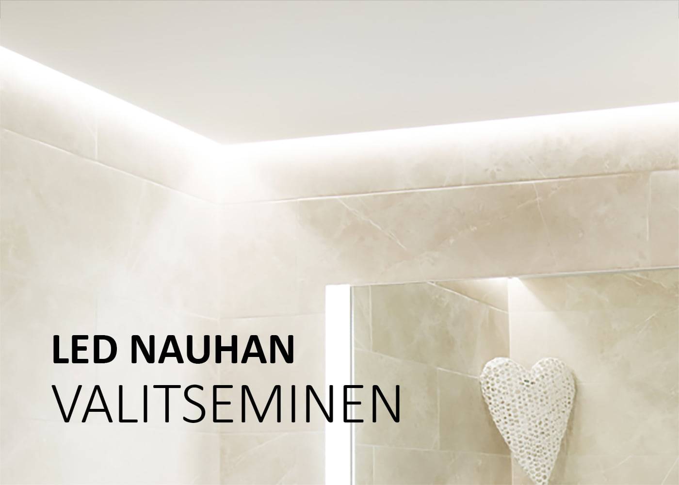 Ein modernes Badezimmer mit LED-Leuchtbändern an der Decke, Steinkernbeleuchtung an der Wand und dem Text "CHOOSE LED strip lighting" sorgt für einen stilvollen und eleganten Look.