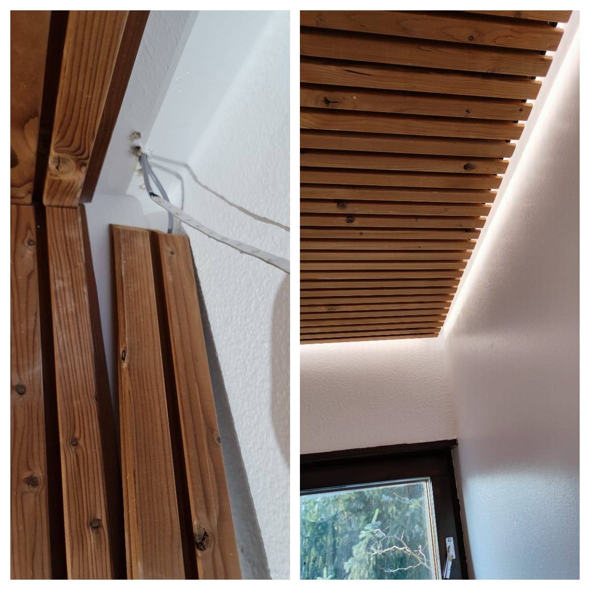 Installation von Paneelen und LED-Streifen und fertige Beleuchtung an der Decke mit LED-Streifen, die an einem schwarzen Aluminiumprofil befestigt sind.