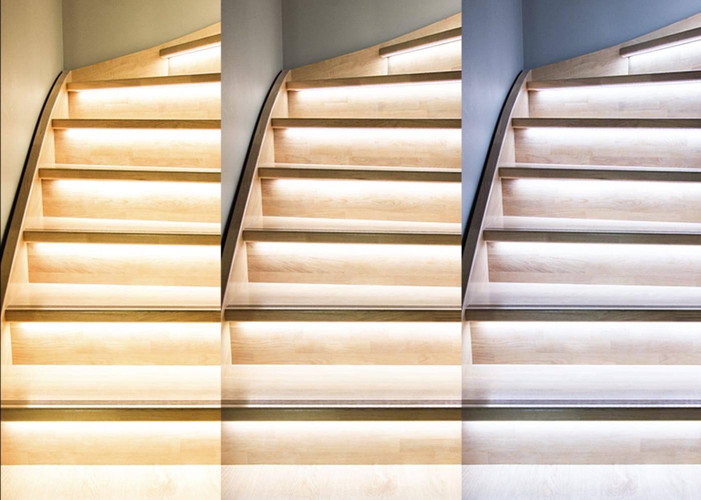 Vergleich von Holztreppen mit eingebauter LED-Beleuchtung, die in verschiedenen Intensitäten leuchtet, von gedämpft bis hell. Der warme Schein unterstreicht das Design der Treppe.