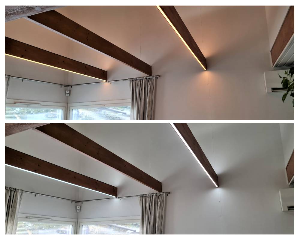 Indirekte Beleuchtung für das Wohnzimmer kann warm oder neutral sein