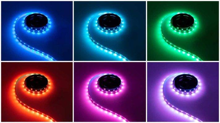Sechs LED-Leuchtstreifen: blau, hellblau, grün, rot, rosa und lila.