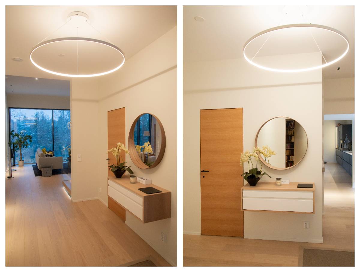 Dekorative Deckenleuchte für den Flur. Weißer Ring mit LED-Streifen auf dem inneren Ring. 