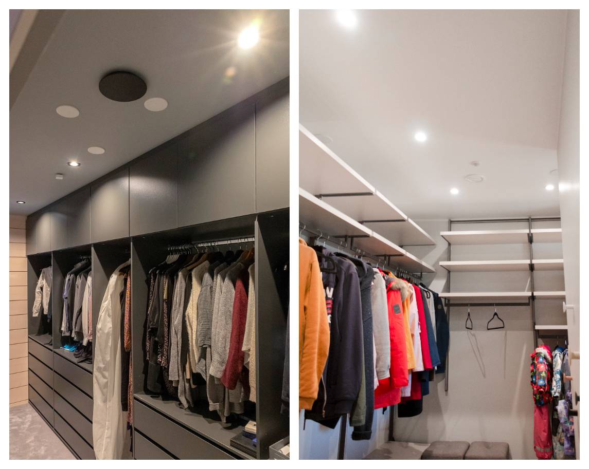 Zwei moderne Kleiderschränke nebeneinander mit integrierten Regalen, Schubladen und Platz zum Aufhängen von Kleidung. Beide profitieren von der Beleuchtung an der Decke mit LED-Spots - eine praktische und inspirierende Lösung für Kleiderschränke. 
