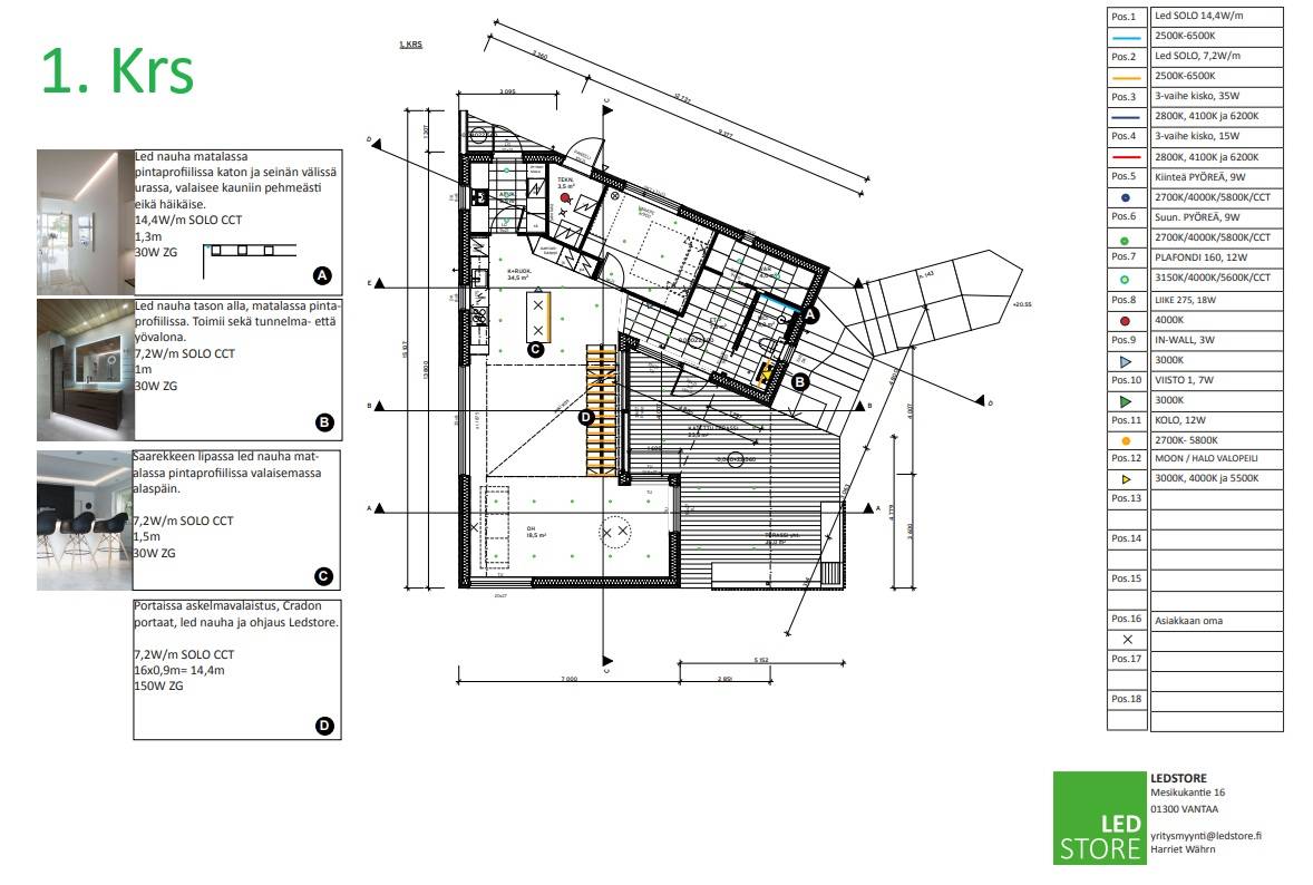 Plan für die LED-Beleuchtung im Erdgeschoss und Grundriss in South Espoo, einschließlich LedStore.fi-Produktbildern und Informationen.