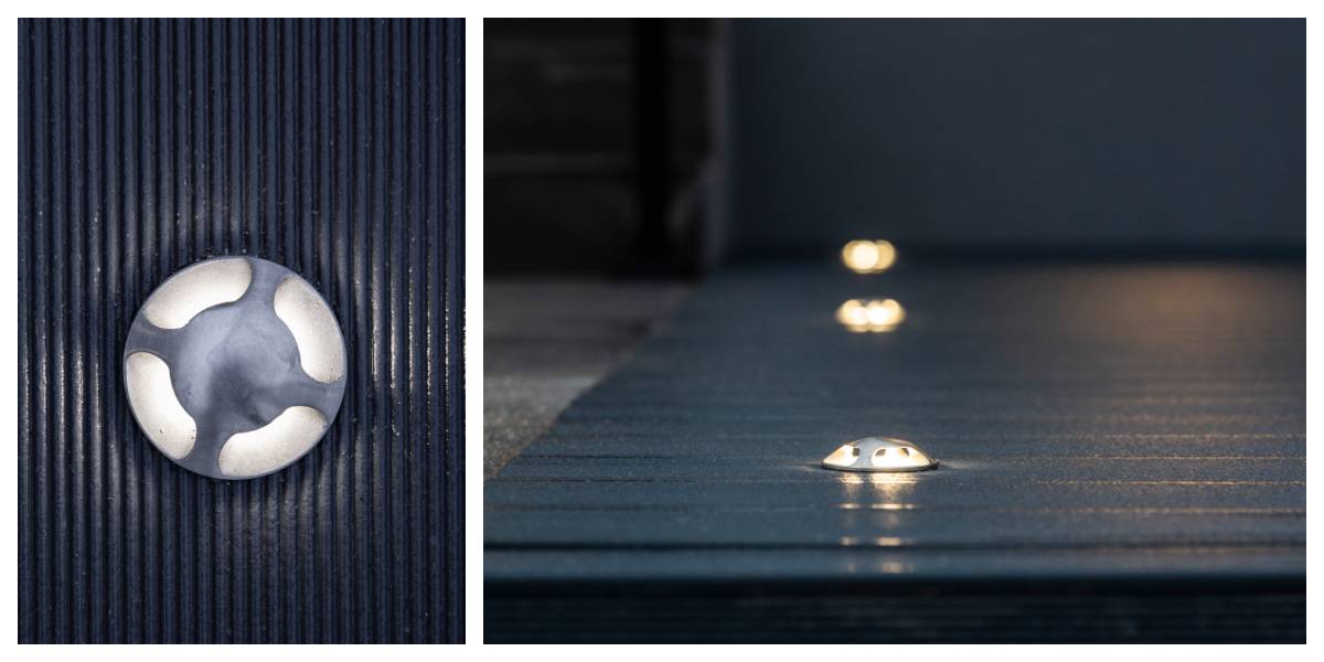 Aus der Nähe und von der Seite beleuchten die runden, eingelassenen LED-Abdeckungen von LedStore.fi die Terrasse in einem angenehmen, gedämpften Licht. Diese stimmungsvollen und akzentuierenden LED-Leuchten für die Terrasse sind gleichmäßig auf der gerillten, dunkel getönten Außenfläche angebracht.