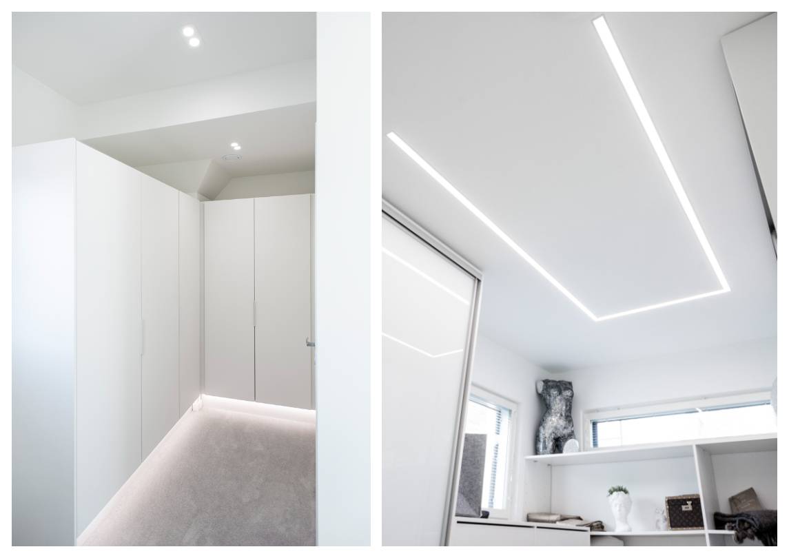 Zweiteiliges Bild: Die linke Seite zeigt einen minimalistischen weißen Flur mit integrierten Schränken, sanfter Beleuchtung und stilvoller LED-Beleuchtung des Kleiderschranks. Auf der rechten Seite sehen Sie einen modernen Raum mit eingebauten linearen LED-Leuchten, die Regale hervorheben und dekorative Elemente akzentuieren. Sehen Sie sich die große Auswahl an LED-Beleuchtungslösungen für jedes Zuhause bei LedStore.fi an!  