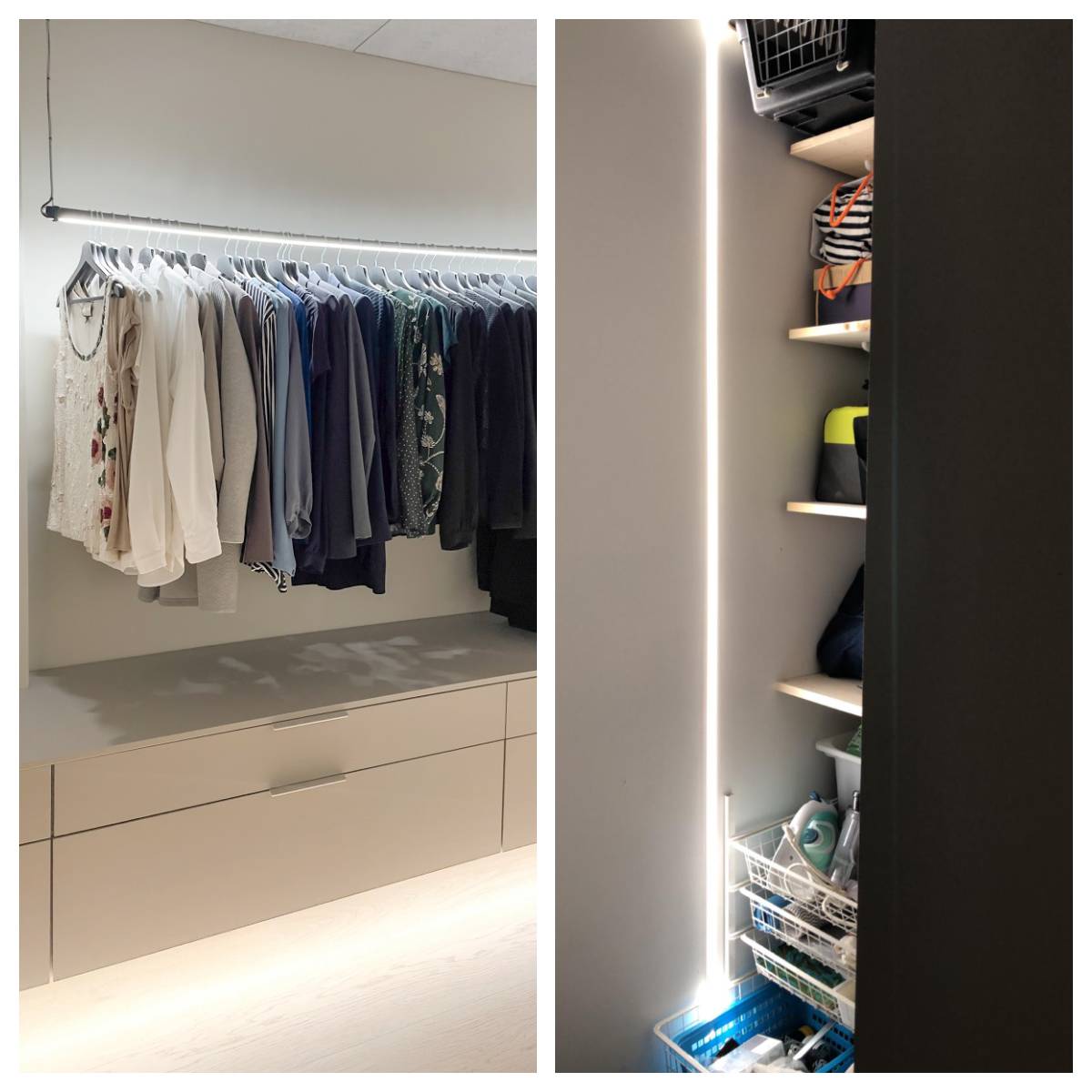 Tipps für die Beleuchtung eines Kleiderschranks mit LED-Leiste und Aluminiumprofil. Ein über die gesamte Länge beleuchteter Kleiderschrank, LED-Leiste unter der Schublade für indirekte Beleuchtung montiert. Im zweiten Bild vertikal montierte LED-Leiste in einem flächenbündigen Profil im Inneren des Schranks. image copyright LedStore.fi   