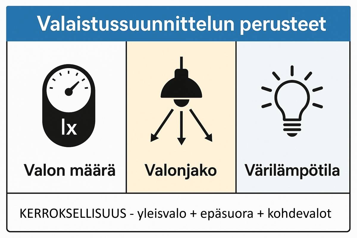 Diagramm der Grundlagen der Beleuchtung - Lichtmenge, Verteilung und Farbtemperatur - Finnland, LedStore.fi -verkkokaupan opas.