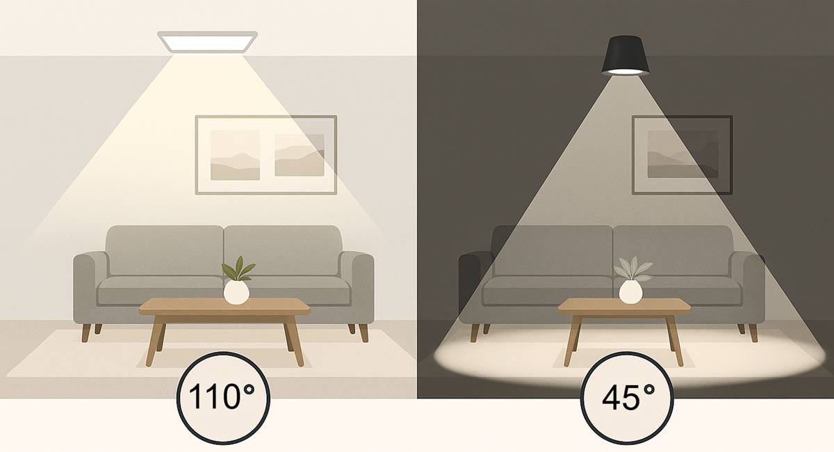 Die LED-Beleuchtung mit breitem Abstrahlwinkel (110°) erhellt den ganzen Raum, während der engere Abstrahlwinkel (45°) Bereiche wie den Esstisch und das Sofa hervorhebt. Unterschiedliche Beleuchtungswinkel wirken sich auf das Ambiente und die Funktionalität des Raumes aus - LedStore.fi hat eine große Auswahl an Lösungen, die Ihren Bedürfnissen entsprechen. 