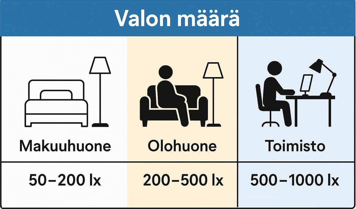 LedStore.fi Beleuchtungsleitfaden: das Bild zeigt die empfohlenen Lumen - Schlafzimmer 50-200 lx, Wohnzimmer 200-500 lx, Büro 500-1000 lx.