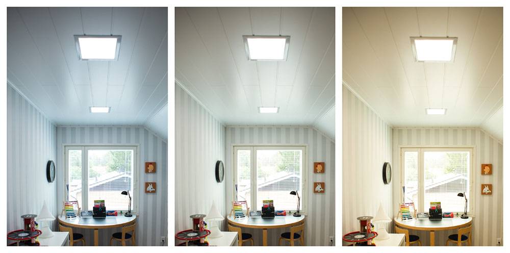 Ändern Sie die Farbtemperatur des Lichts. Im Beispiel: ein Kinderzimmer und drei verschiedene Lichtfarben.