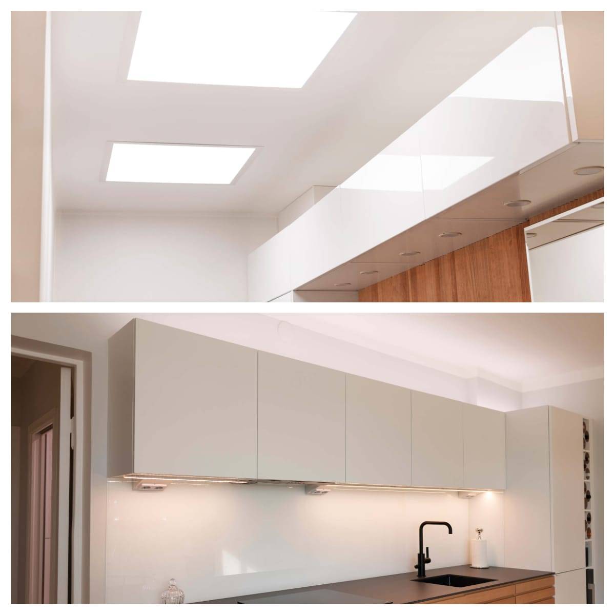 Das Panel 600 von LedStore im Flur und der in der Farbtemperatur anpassbare CCT-LED-Streifen in der Küche sind beide Zigbee-gesteuert und können über einen Wandtaster und eine Fernbedienung bedient werden.