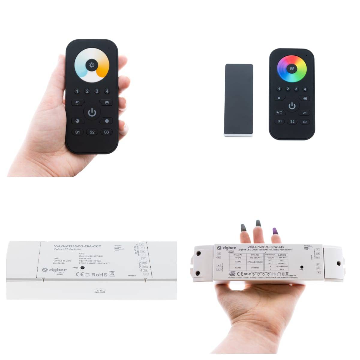 Obere Reihe mit Zigbee-Fernbedienungen, weißem Licht von kaltweiß bis warmweiß und farbwechselnden RGB-LED-Streifen. Die Fernbedienungen haben einen Magneten, um sie an einer Halterung zu befestigen, die z.B. in die Wand geschraubt wird. Fernbedienungen und Empfänger mit entsprechender Farbtemperatursteuerung oder Farbwechselfunktion werden mit dem Hub gekoppelt, um eine vielseitige Steuerung und Planung zu ermöglichen.