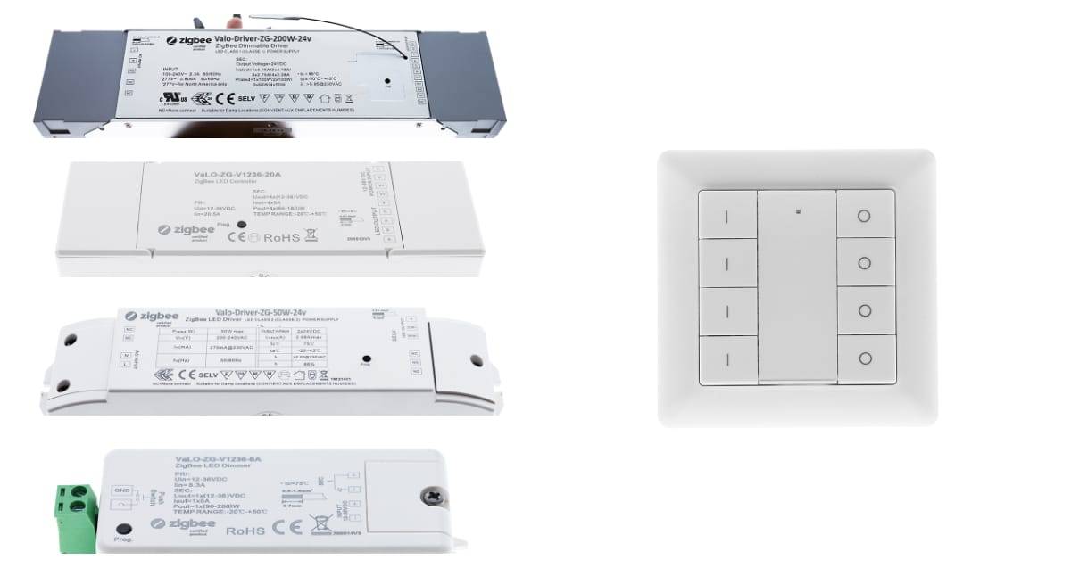 Das Bild auf der linken Seite zeigt Zigbee-Transformatoren mit Empfängern und einem Transceiver. Auf der rechten Seite ein Controller zum Dimmen von vier Gruppen. Alle Empfänger/Transformatoren und Tasten sind über einen Hub mit dem Netzwerk verbunden, so dass die Leuchten sowohl über die Benutzeroberfläche als auch über mobile und drahtlose Tasten gesteuert werden können.