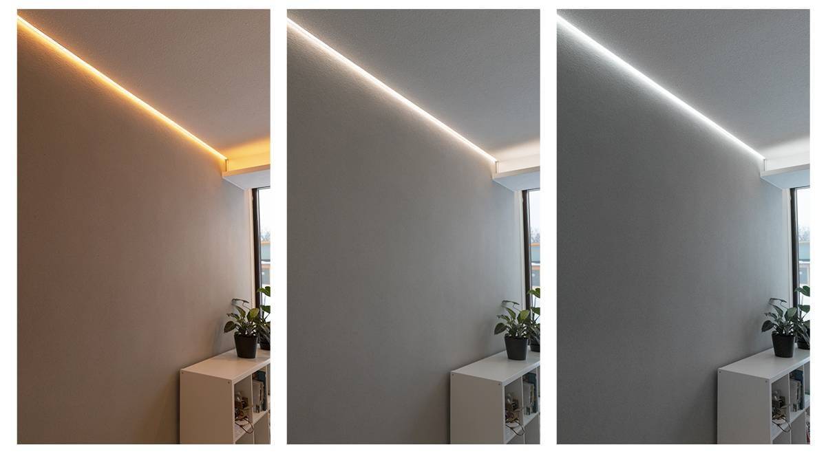 Drei Bilder aus der Ecke des Raums zeigen ein weißes Regal mit einer Pflanze darauf. Die LED-Beleuchtung erzeugt warmgelbe, neutralweiße und kühlweiße Töne an der Wand. Ein Fenster, das teilweise im Hintergrund zu sehen ist, bringt natürliches Licht in den Raum.