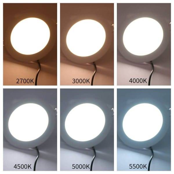 Beispiele für verschiedene Farbtemperaturen des Lichts. Plafond 160 12W flächenbündig montiert.