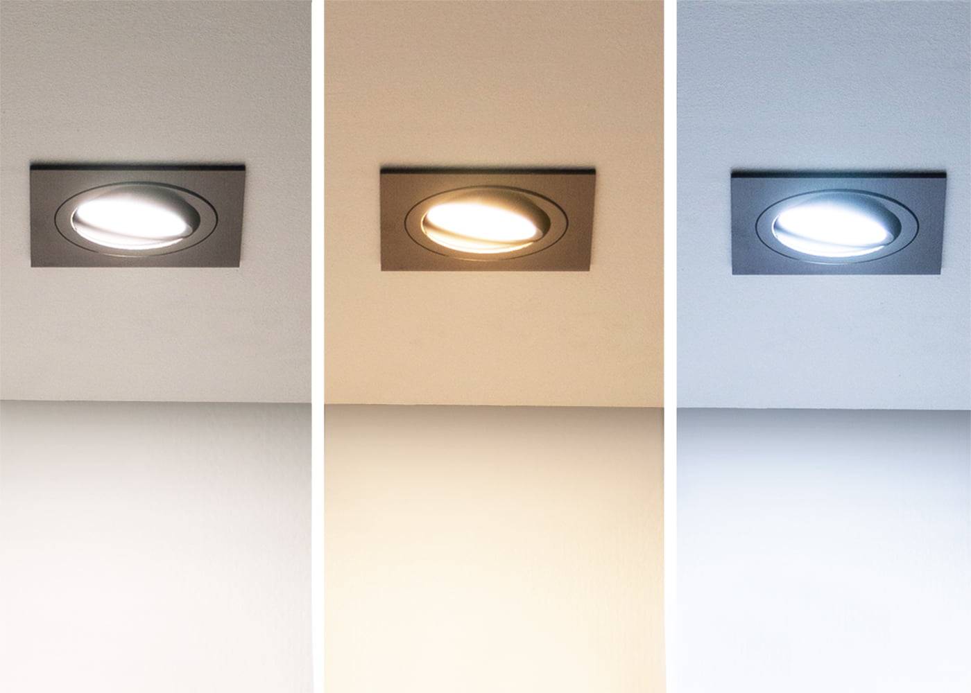 Vergleich von LED-Leuchtentypen - wie Sie die beste Allgemeinbeleuchtung für Ihr Zuhause oder Büro erhalten Drei LED-Deckenleuchten in einer Reihe: warmweiße, neutralweiße und kühlweiße Farbtöne beleuchten eine graue Decke wunderschön. Perfekter Lichtkontrast.