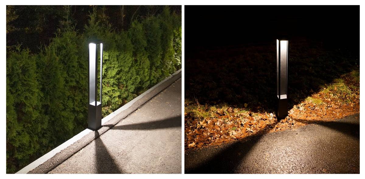 Moderne LED-Pollerleuchten leuchten den Korridor hell aus und heben die Lichtmenge in der dunklen Nacht hervor.