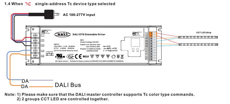 Diagramm eines DALI-Transformators, der CCT-LED-Streifen steuert und an einen DALI-Bus für unidirektionale Tc-Steuerung angeschlossen ist.