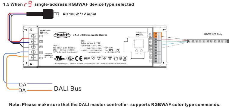 Diagramm der DALI DT8-Dimmerschnittstelle für RGBWAF-LED-Streifen, einschließlich DALI-Transformatoranschlüsse und Stromversorgung.