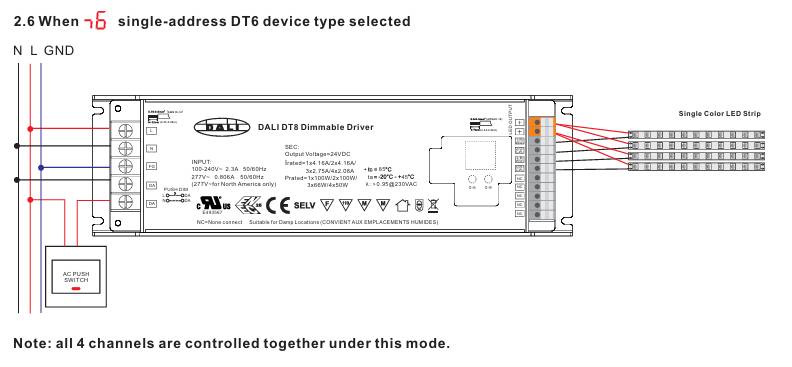 Schaltplan: Der DALI-Transformator DT6 steuert den monochromen LED-Streifen und die AC-Taste und zeigt die DALI-Funktionen.